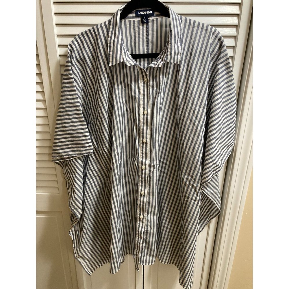 Nautical Land's End Oversize Beachside Striped Button Up Boxy Shirt Size L